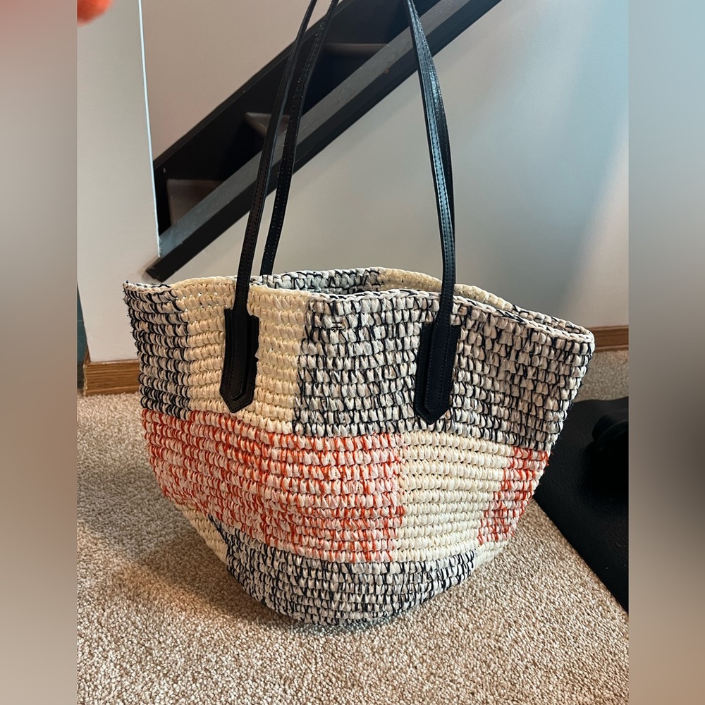 J Crew Straw Beach Bag Blue Orange and White
